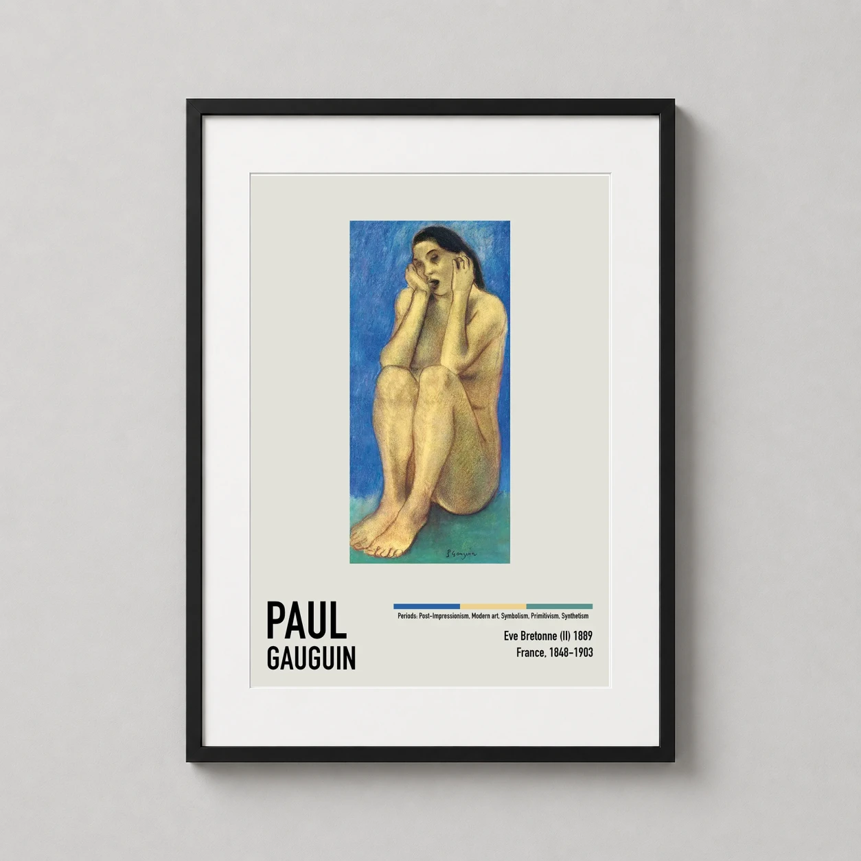 Room mockup of Paul Gauguin Eve Bretonne 1889 Exhibition Poster Art Print, displayed as framed wall art in a living room setting as a portrait print with blue and yellow tones.