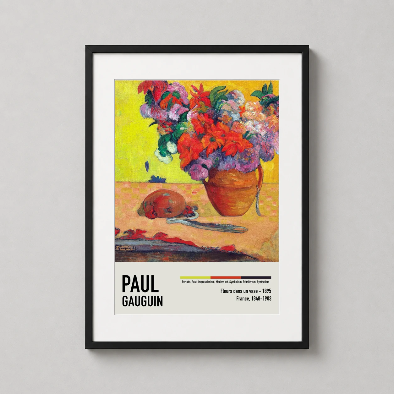 Room mockup of Paul Gauguin Flowers in a Vase Post-Impressionist Art Print, displayed as framed wall art in a bedroom setting as a portrait print with yellow, red, and purple tones.