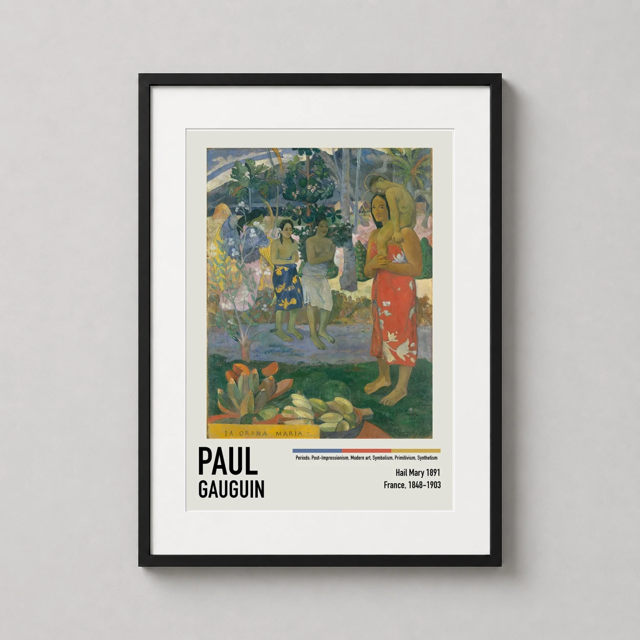 Room mockup of Paul Gauguin Ia Orana Maria 1891 Tahitian Hail Mary Art Print, displayed as framed wall art in a living room setting as a portrait print with red tones.