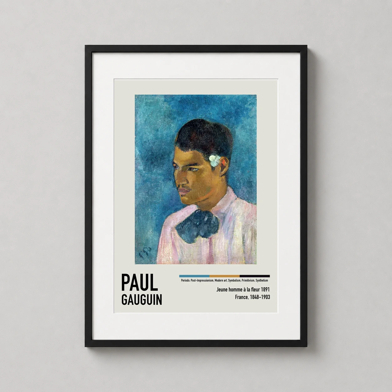 Room mockup of Paul Gauguin Jeune homme a la fleur 1891 Exhibition Art Print, displayed as framed wall art in a living room setting as a portrait print with pink tones.