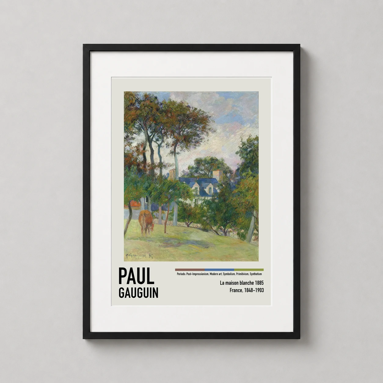 Room mockup of Paul Gauguin La Maison Blanche 1885 Landscape Art Print, displayed as framed wall art in a living room setting as a portrait print with blue, green, and white tones.