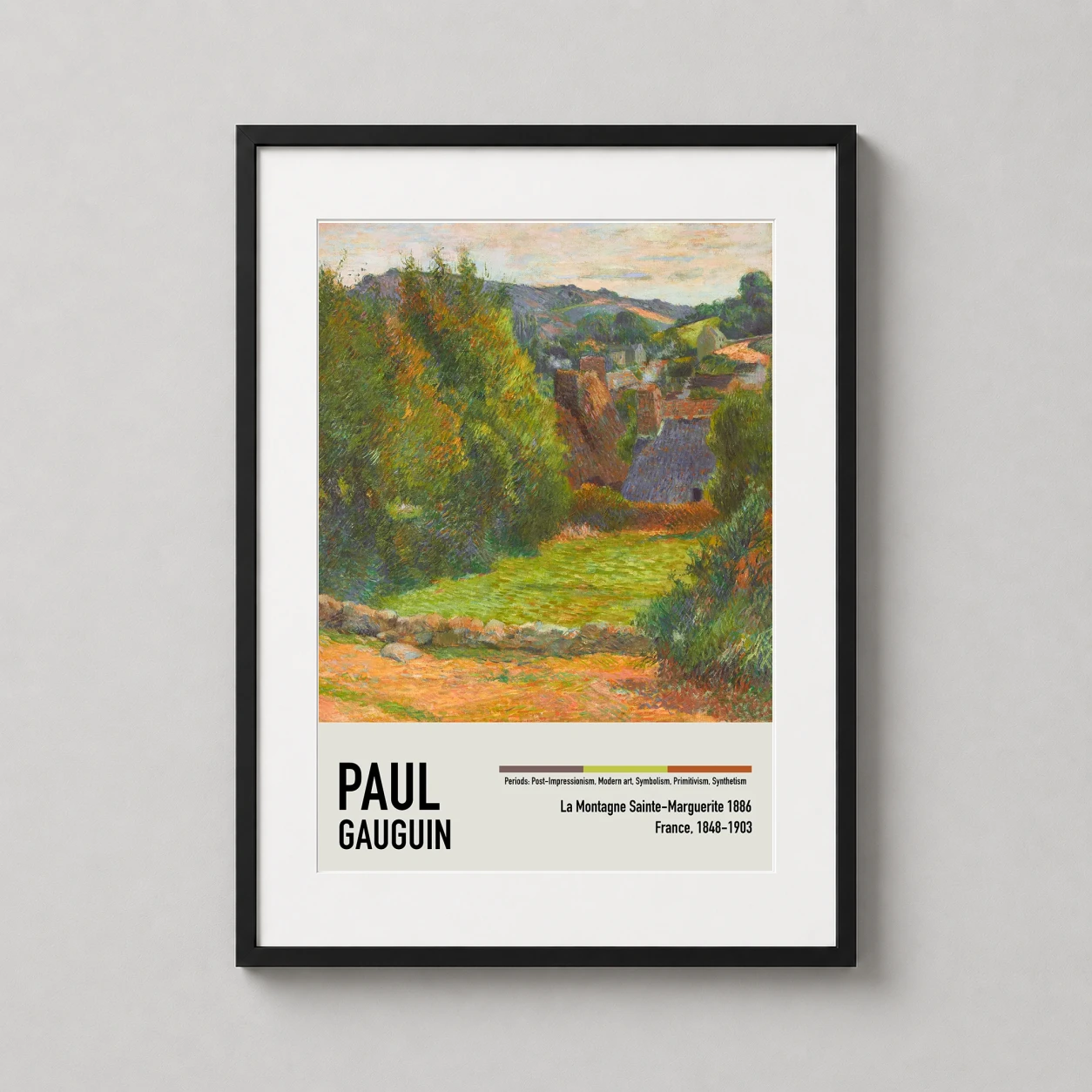 Room mockup of La Montagne Sainte-Marguerite, 1886 by Paul Gauguin Art Print, displayed as framed wall art in a living room setting as a portrait print with blue tones.