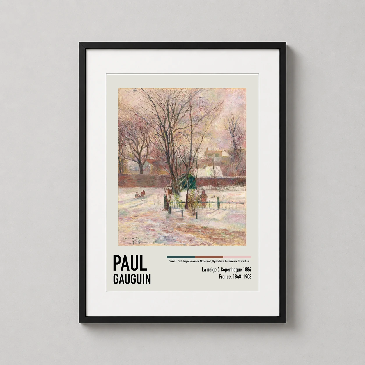 Room mockup of Paul Gauguin La Neige a Copenhague 1884 Impressionist Art Print, displayed as framed wall art in a living room setting as a portrait print with pink and grey tones.