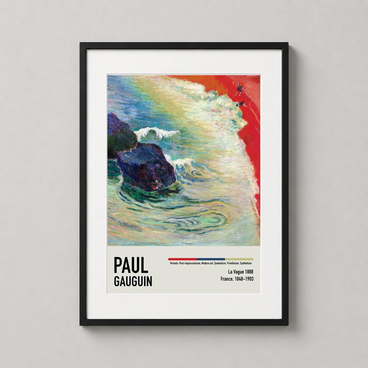 Room mockup of Paul Gauguin La Vague 1888 Brittany Coastal Scene Art Print, displayed as framed wall art in a bedroom setting as a portrait print with red and white tones.