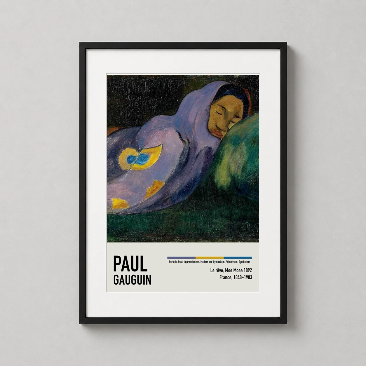 Room mockup of Paul Gauguin Le Reve Moe Moea 1892 Tahitian Dream Art Print, displayed as framed wall art in a living room setting as a portrait print with blue tones.