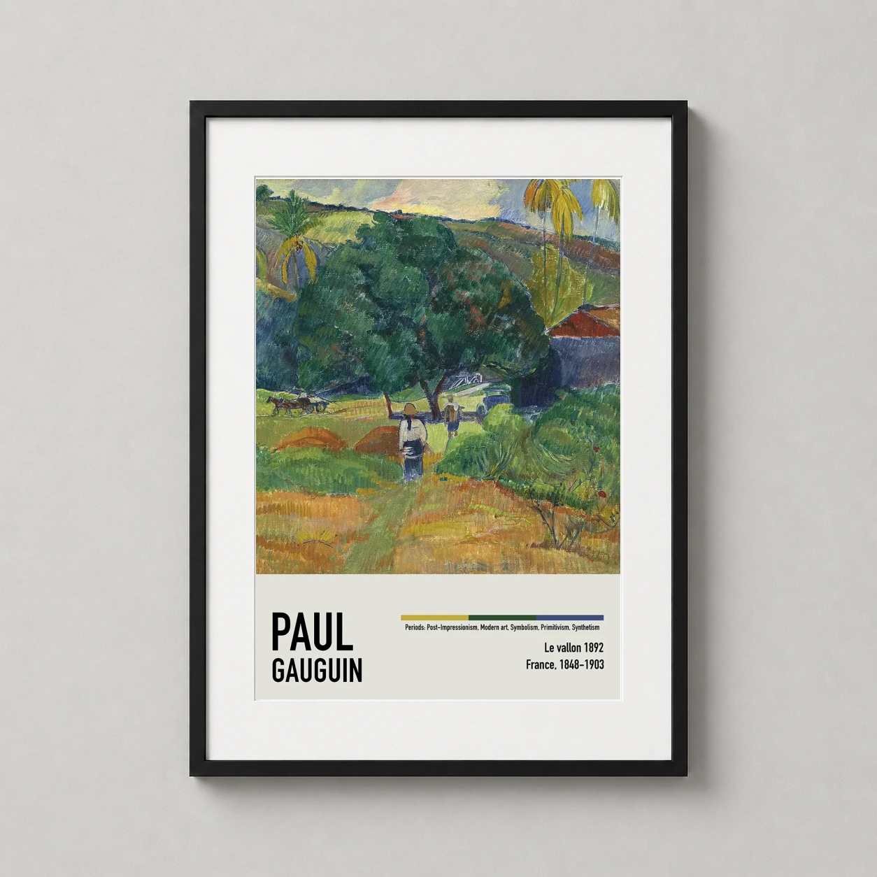 Room mockup of Le Vallon 1892 Tahiti Landscape, Paul Gauguin Fine Art Print, displayed as framed wall art in a living room setting as a portrait print with yellow tones.
