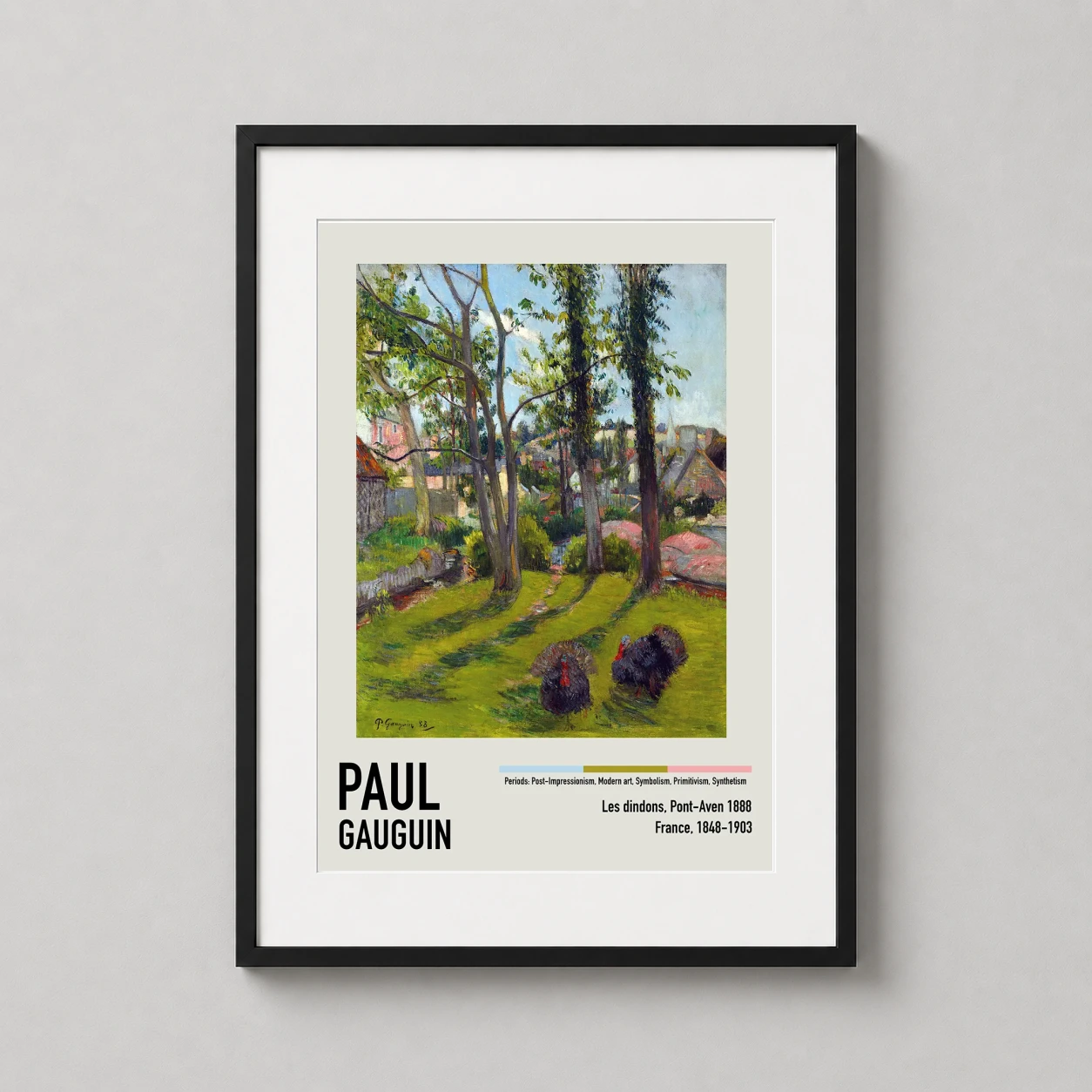 Room mockup of Paul Gauguin Les Dindons Pont-Aven 1888 Impressionist Art Print, displayed as framed wall art in a living room setting as a portrait print with green tones.