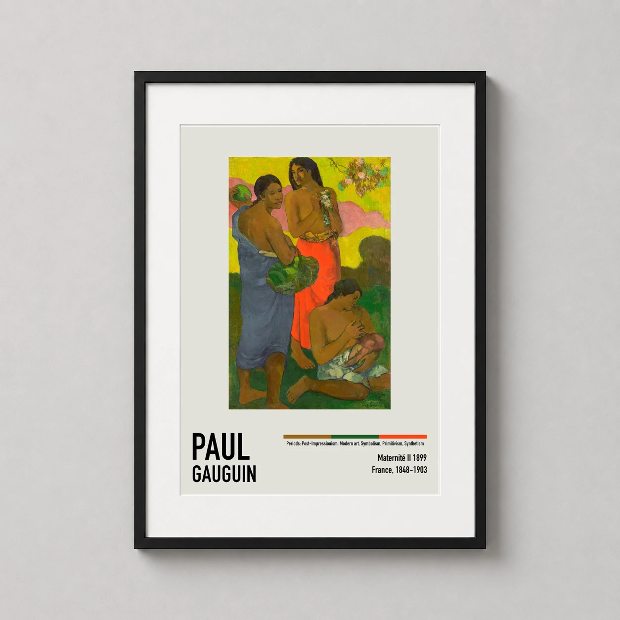 Room mockup of Paul Gauguin Maternite II 1899 Tahitian Women Art Print, displayed as framed wall art in a living room setting as a portrait print.