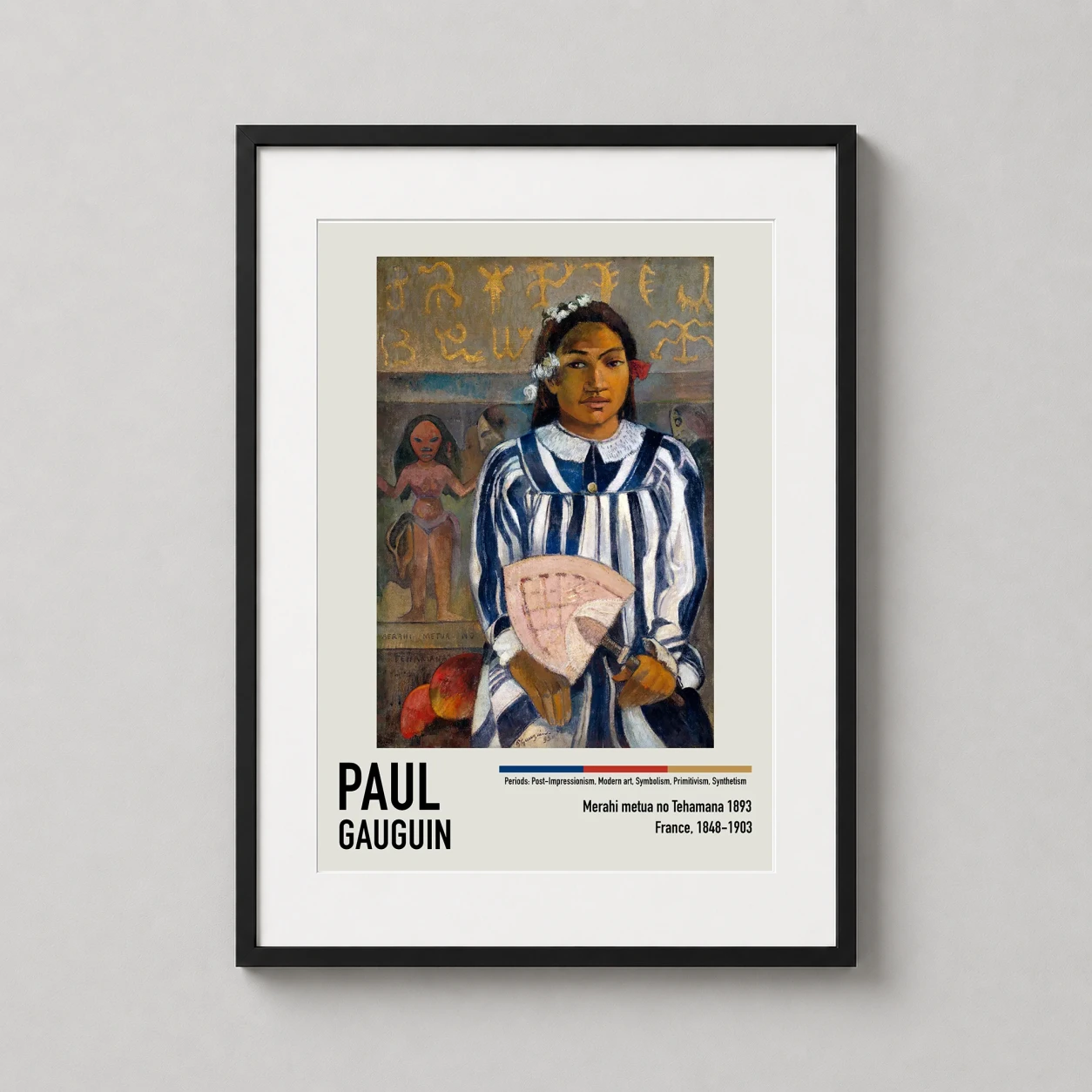Room mockup of Paul Gauguin Merahi metua no Tehamana 1893 Tahitian Art Print, displayed as framed wall art in a living room setting as a portrait print with pink tones.