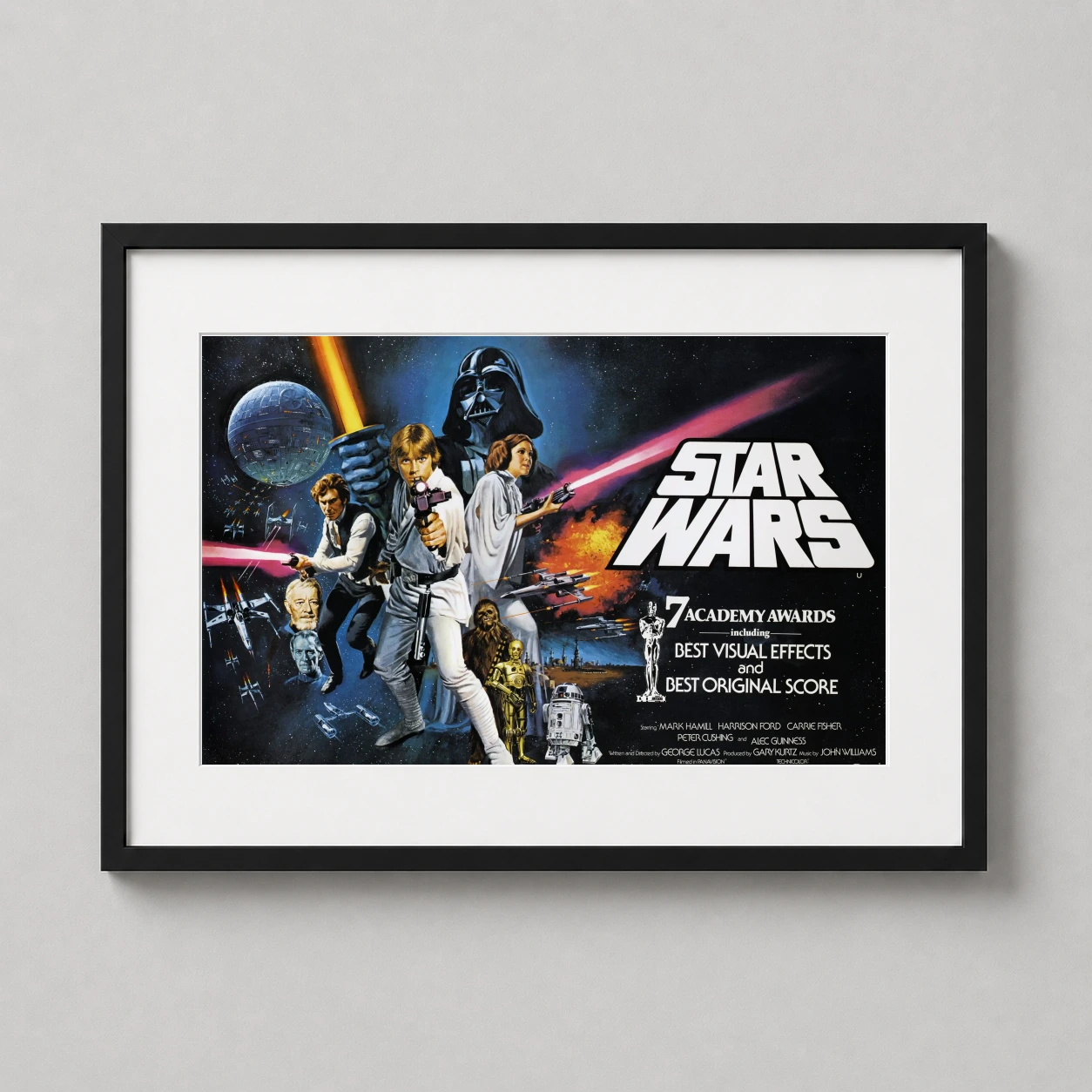 Room mockup of Star Wars A New Hope 1977 Sci-Fi Movie Poster, displayed as framed wall art in a home theater setting as a landscape print.