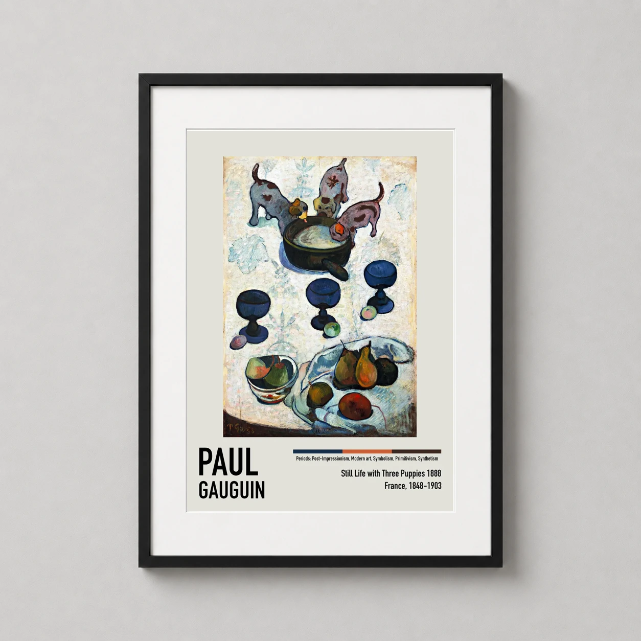 Room mockup of Paul Gauguin Still Life with Three Puppies Impressionist Art Print, displayed as framed wall art in a kitchen setting as a portrait print with blue tones.
