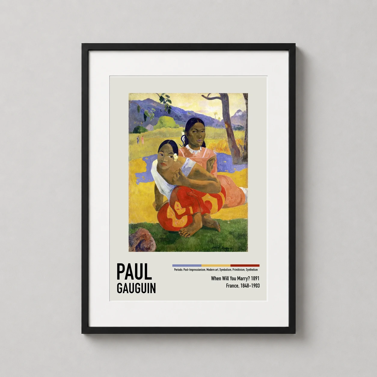 Room mockup of Paul Gauguin When Will You Marry? 1891 Tahitian Landscape Art Print, displayed as framed wall art in a living room setting as a portrait print with blue tones.