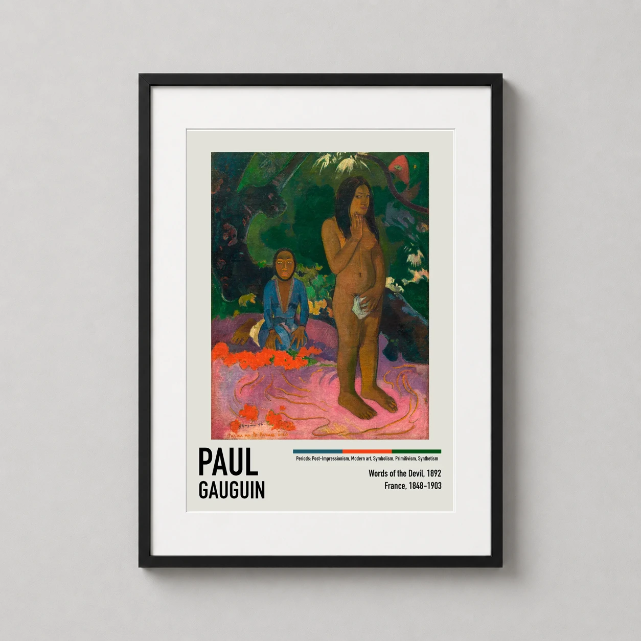 Room mockup of Paul Gauguin Words of the Devil 1892 Tahitian Scene Art Print, displayed as framed wall art in a living room setting as a portrait print with green and orange tones.
