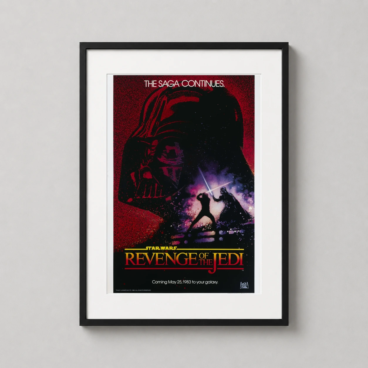 Revenge of the Jedi — vintage 1983 teaser featuring a red stippled Darth Vader silhouette and