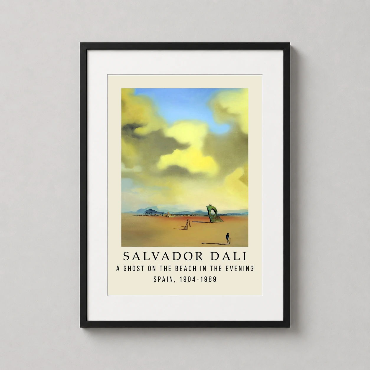 Room mockup of Salvador Dali A Ghost on the Beach in the Evening Art Print, displayed as framed wall art in a bedroom setting as a portrait print with gold and orange tones.