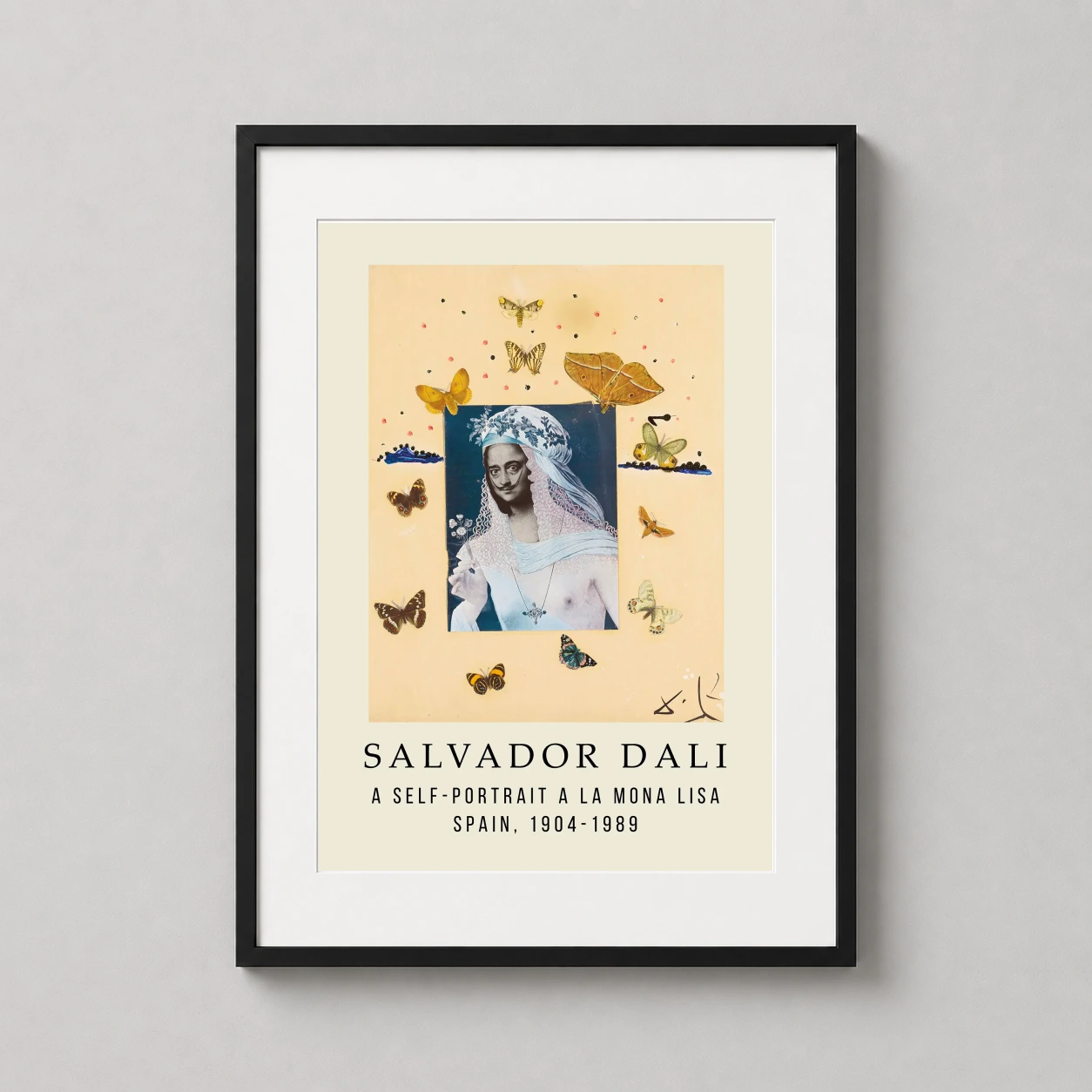 Room mockup of Salvador Dali Self-Portrait a la Mona Lisa Art Print, displayed as framed wall art in a living room setting as a portrait print with yellow tones.