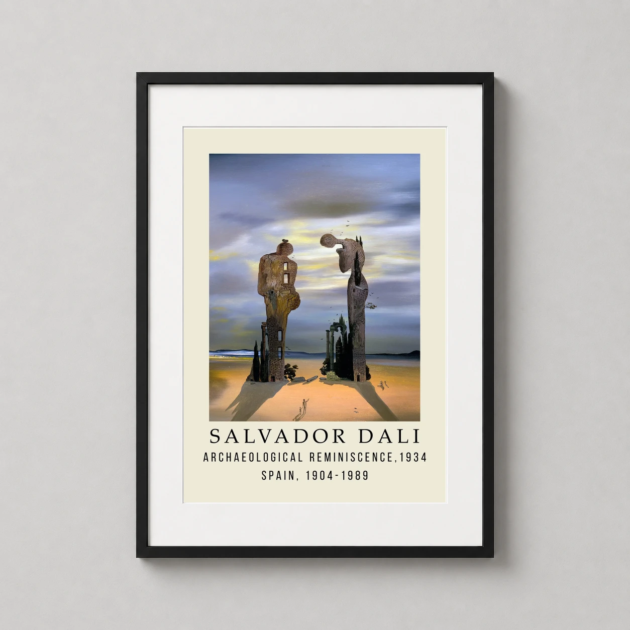 Room mockup of Salvador Dali Archaeological Reminiscence of Millet's Angelus Art Print, displayed as framed wall art in a living room setting as a portrait print.