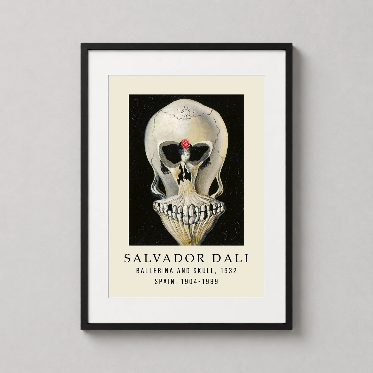 Room mockup of Salvador Dali Ballerina and Skull 1932 Surrealist Art Print, displayed as framed wall art in a living room setting as a portrait print.
