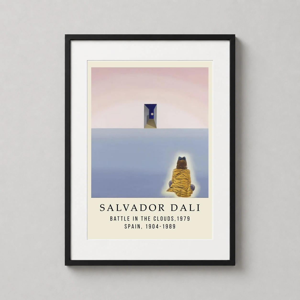 Room mockup of Battle in the Clouds, 1979, Salvador Dali Exhibition Art Print, displayed as framed wall art in a living room setting as a portrait print with blue and pink tones.
