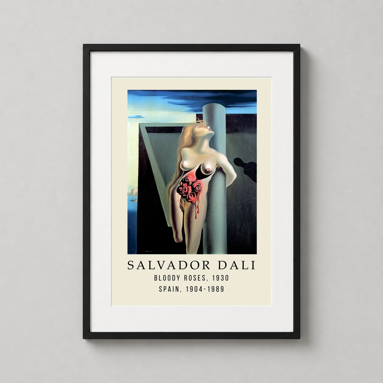 Room mockup of Salvador Dali Bloody Roses 1930 Exhibition Surrealist Art Print, displayed as framed wall art in a living room setting as a portrait print with blue and red tones.