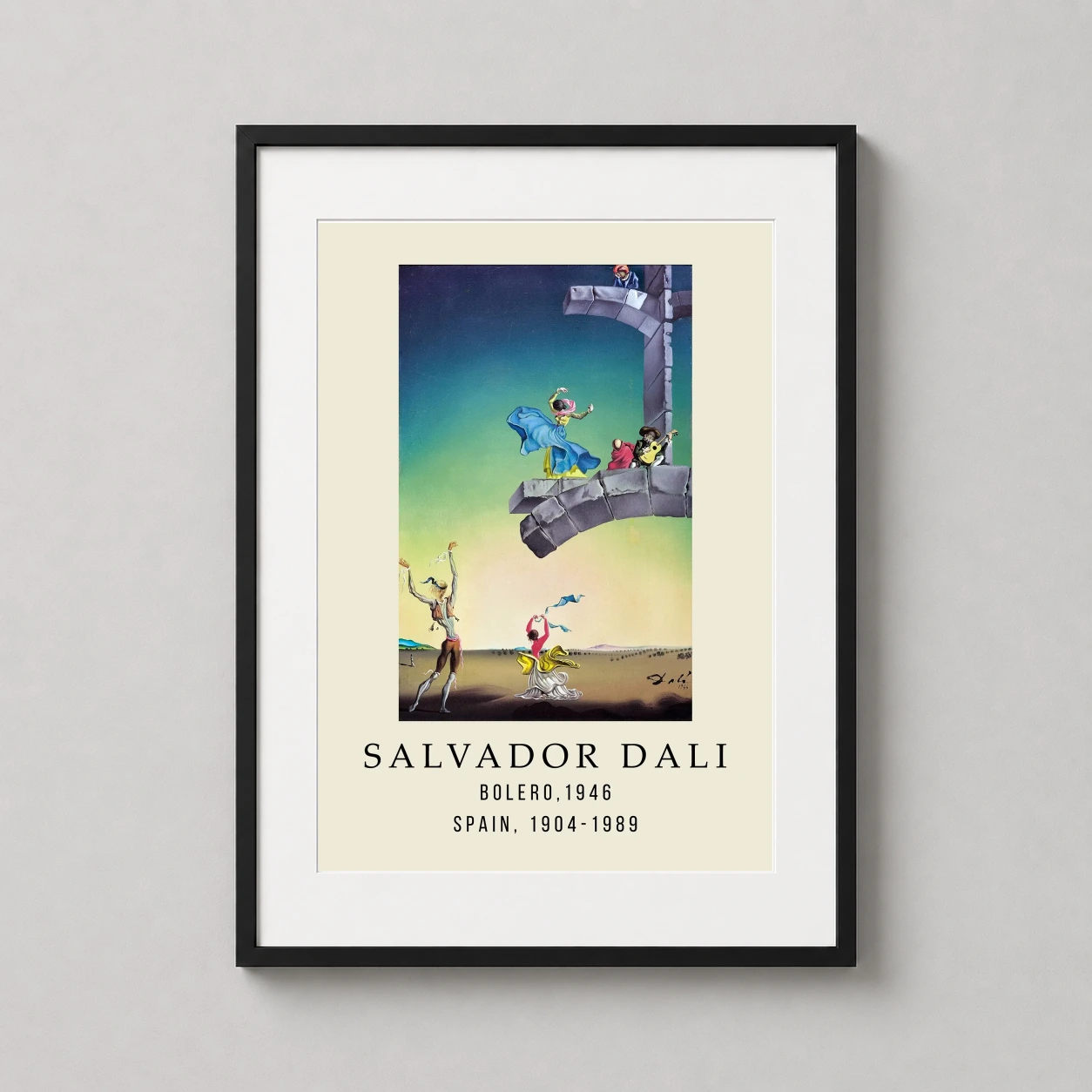 Room mockup of Salvador Dali Bolero 1946 Surrealist Exhibition Art Print, displayed as framed wall art in a living room setting as a portrait print with blue and gold tones.