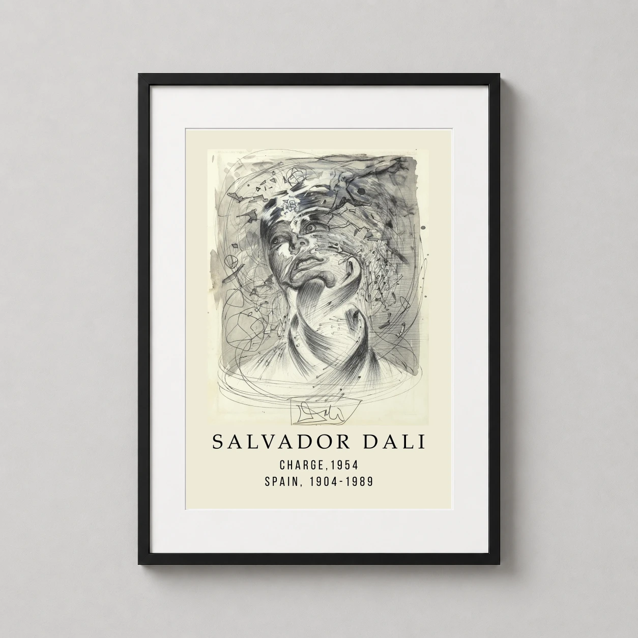 Room mockup of Salvador Dali Charge 1954, Surrealist Monochrome Art Print, displayed as framed wall art in a living room setting as a portrait print with black and white tones.