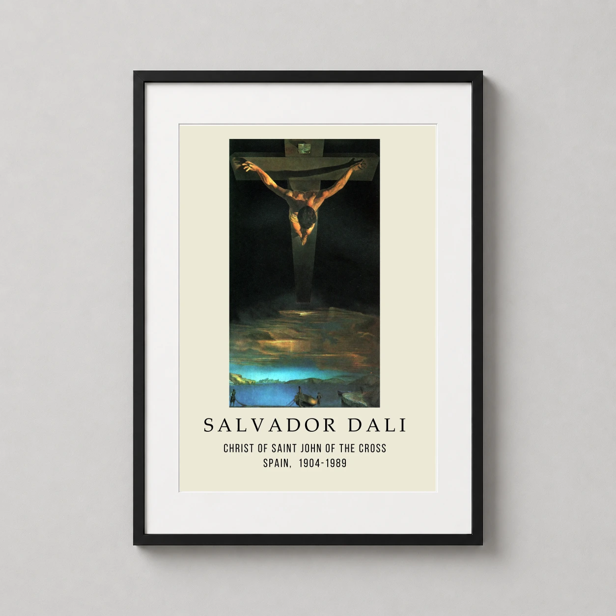 Room mockup of Salvador Dalí Christ of Saint John of the Cross Exhibition Art Print, displayed as framed wall art in a living room setting as a portrait print with gold tones.