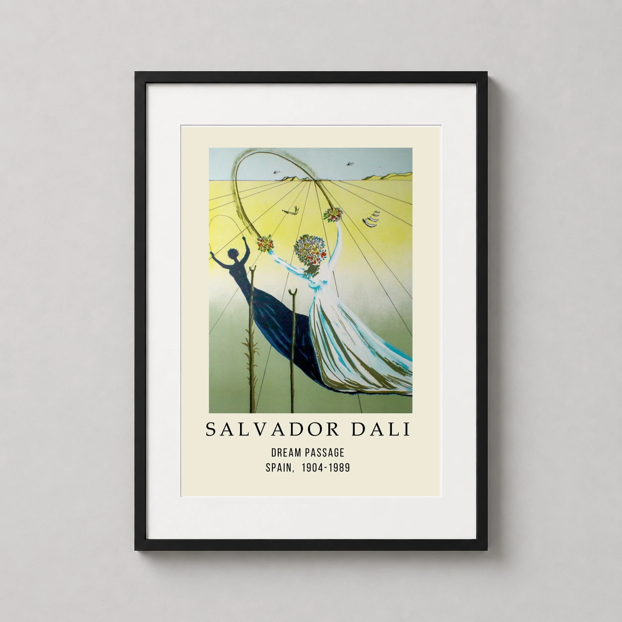Room mockup of Salvador Dali Dream Passage Surrealist Exhibition Art Print, displayed as framed wall art in a living room setting as a portrait print with green and yellow tones.