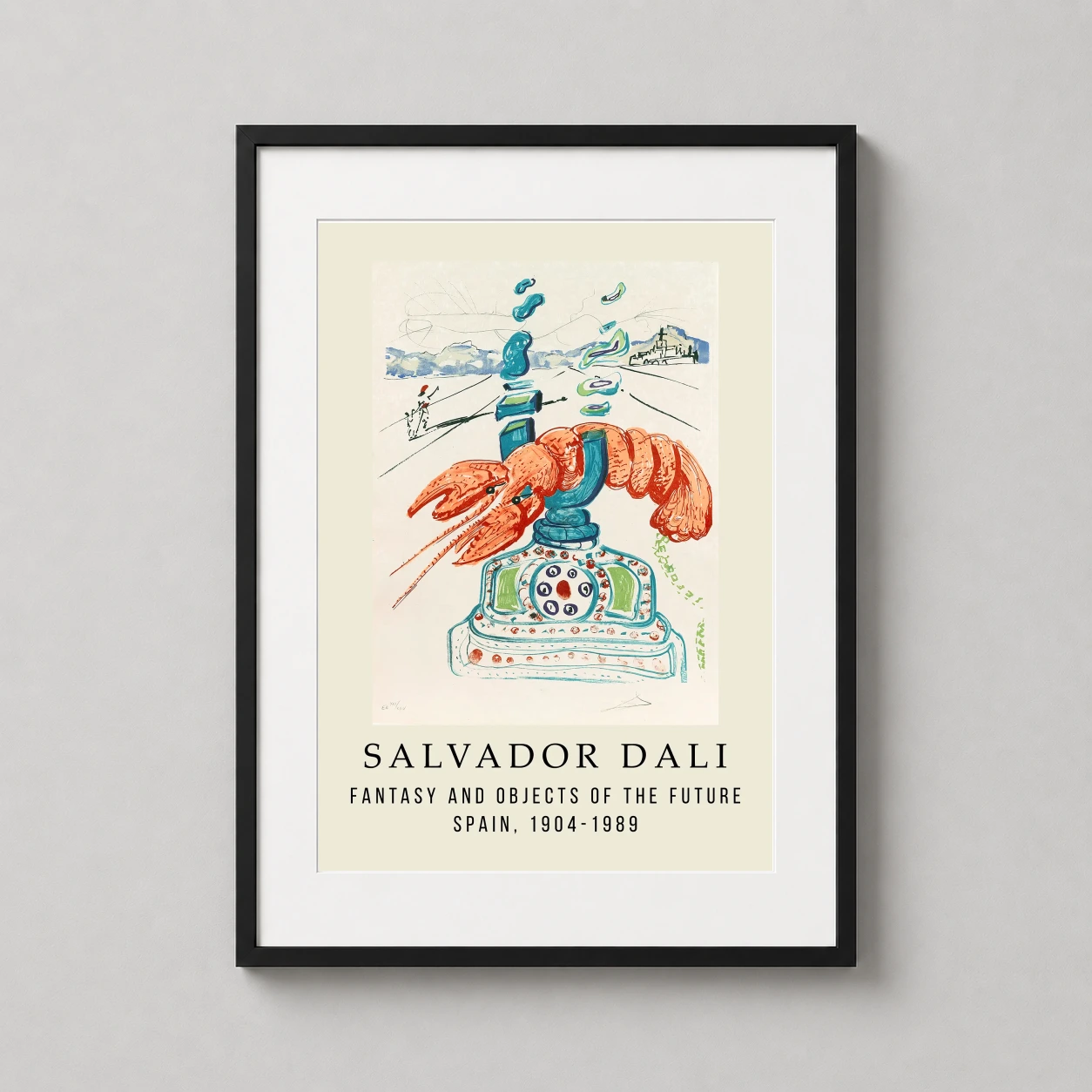 Room mockup of Salvador Dali Fantasy and Objects of the Future Art Print, displayed as framed wall art in a living room setting as a portrait print with blue and orange tones.
