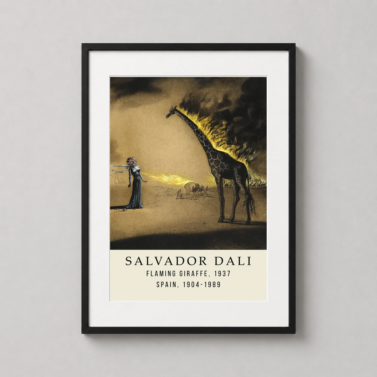 Room mockup of Flaming Giraffe 1937 Salvador Dalí Spanish Surrealist Art Print, displayed as framed wall art in a living room setting as a portrait print with gold tones.