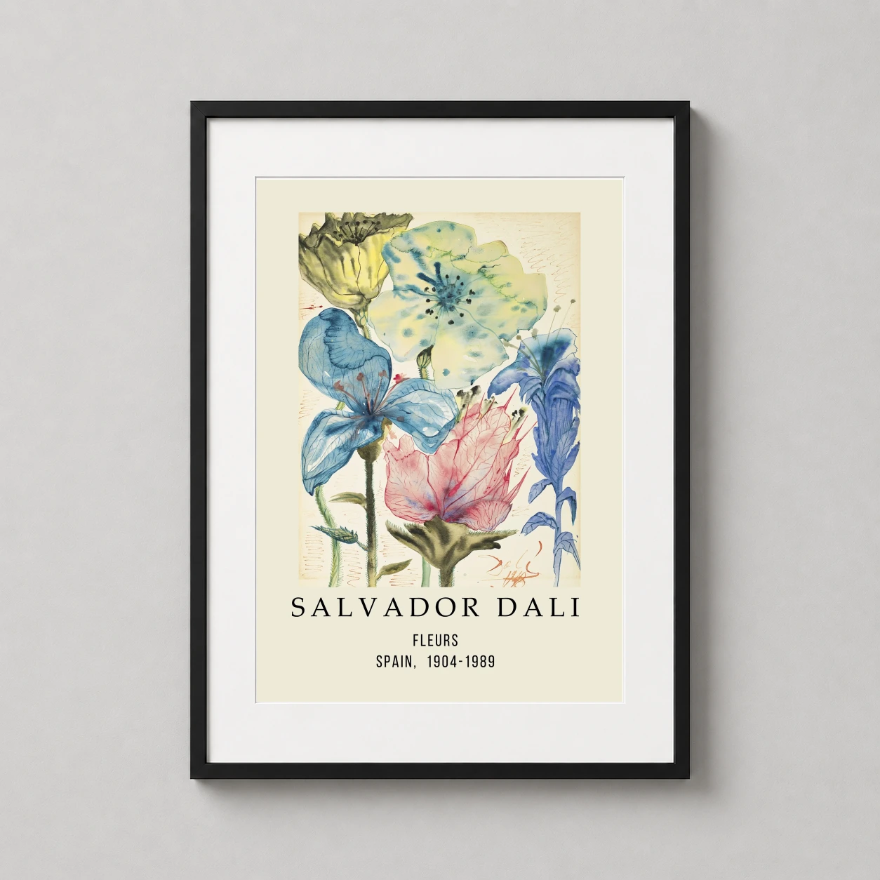 Room mockup of Salvador Dali Fleurs Exhibition Poster, Surrealist Floral Art Print, displayed as framed wall art in a bedroom setting as a portrait print with blue, yellow, and pink tones.