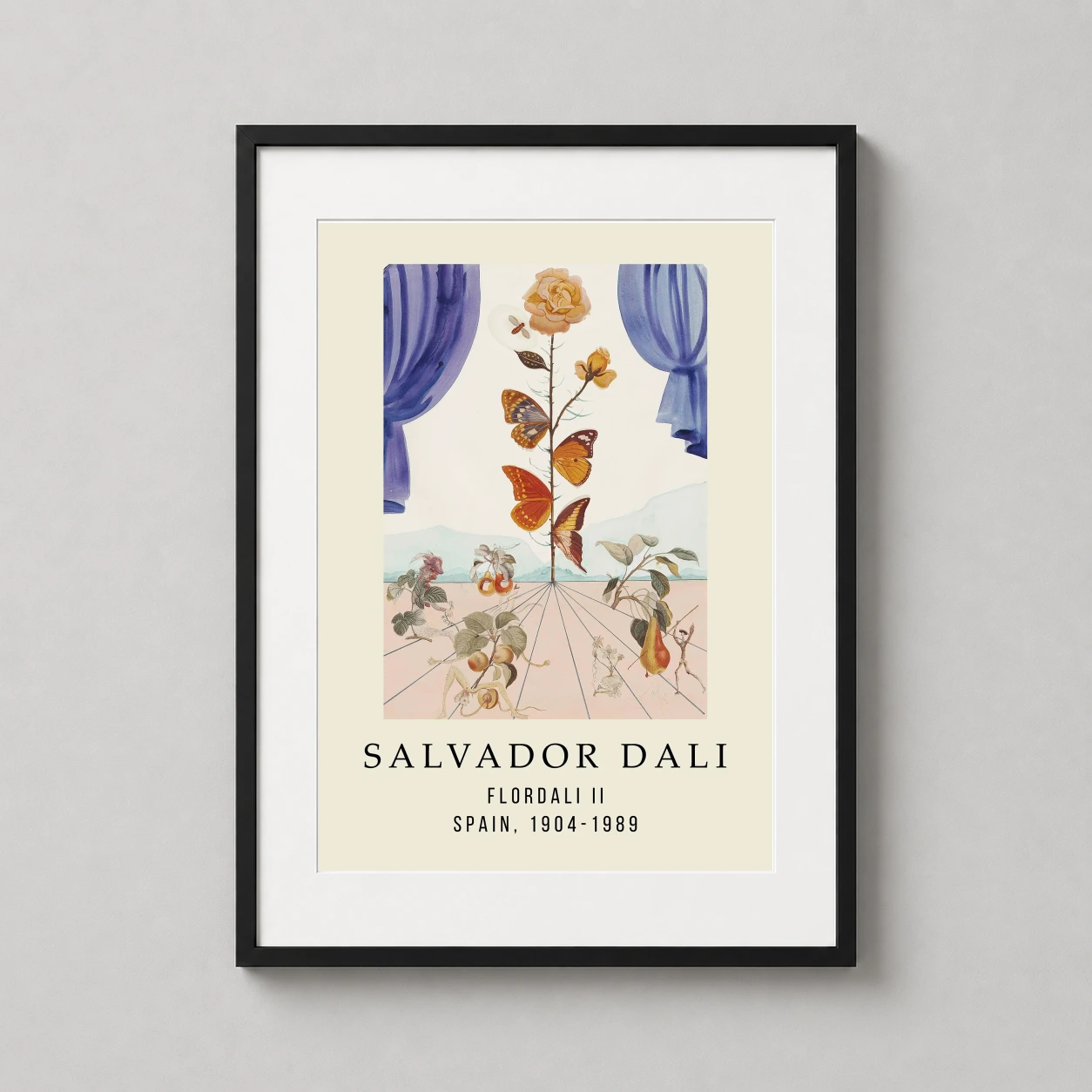 Room mockup of Salvador Dali Flordali II Surrealist Butterfly Art Print, displayed as framed wall art in a living room setting as a portrait print with blue tones.