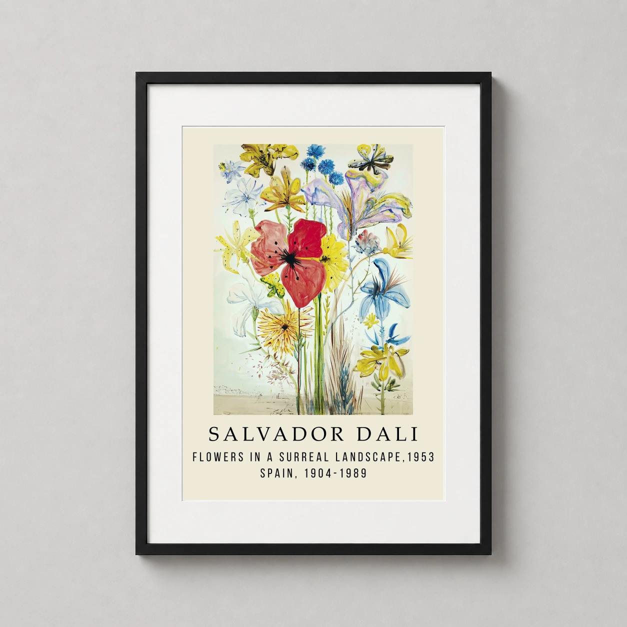 Room mockup of Salvador Dali Flowers in a Surreal Landscape Art Print, displayed as framed wall art in a bedroom setting as a portrait print with blue and red tones.