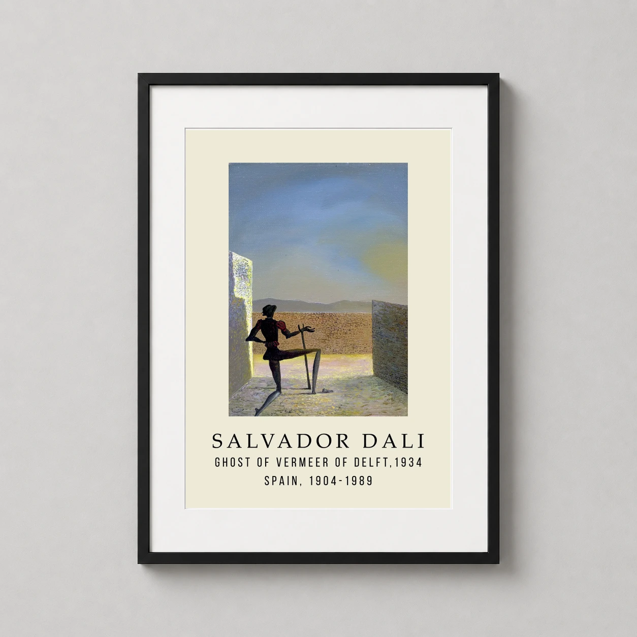 Room mockup of Salvador Dali Ghost of Vermeer of Delft 1934 Surrealist Art Print, displayed as framed wall art in a living room setting as a portrait print.