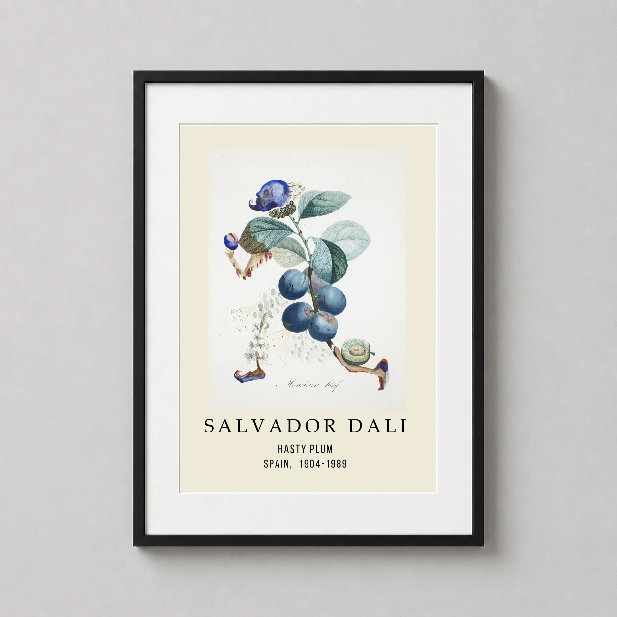 Room mockup of Salvador Dali Hasty Plum Surrealist Botanical Art Print, displayed as framed wall art in a bedroom setting as a portrait print with blue, green, and white tones.