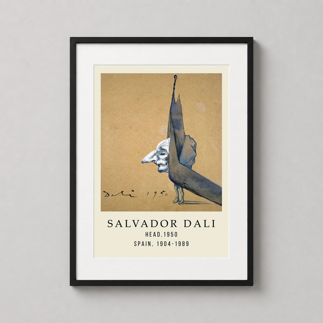 Salvador Dali Head — surrealist profile with an elongated nose emerges from a dark figure on