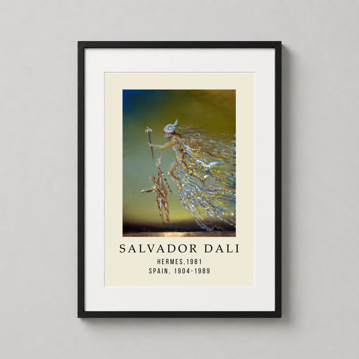 Room mockup of Salvador Dali Hermes 1981 Surrealist Mythology Art Print, displayed as framed wall art in a living room setting as a portrait print with blue, green, and gold tones.