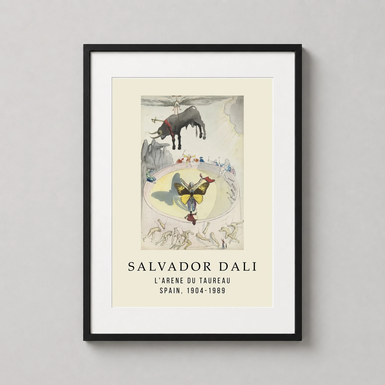 Room mockup of Salvador Dali L'Arene du Taureau Bullring Surrealist Art Print, displayed as framed wall art in a living room setting as a portrait print with yellow tones.
