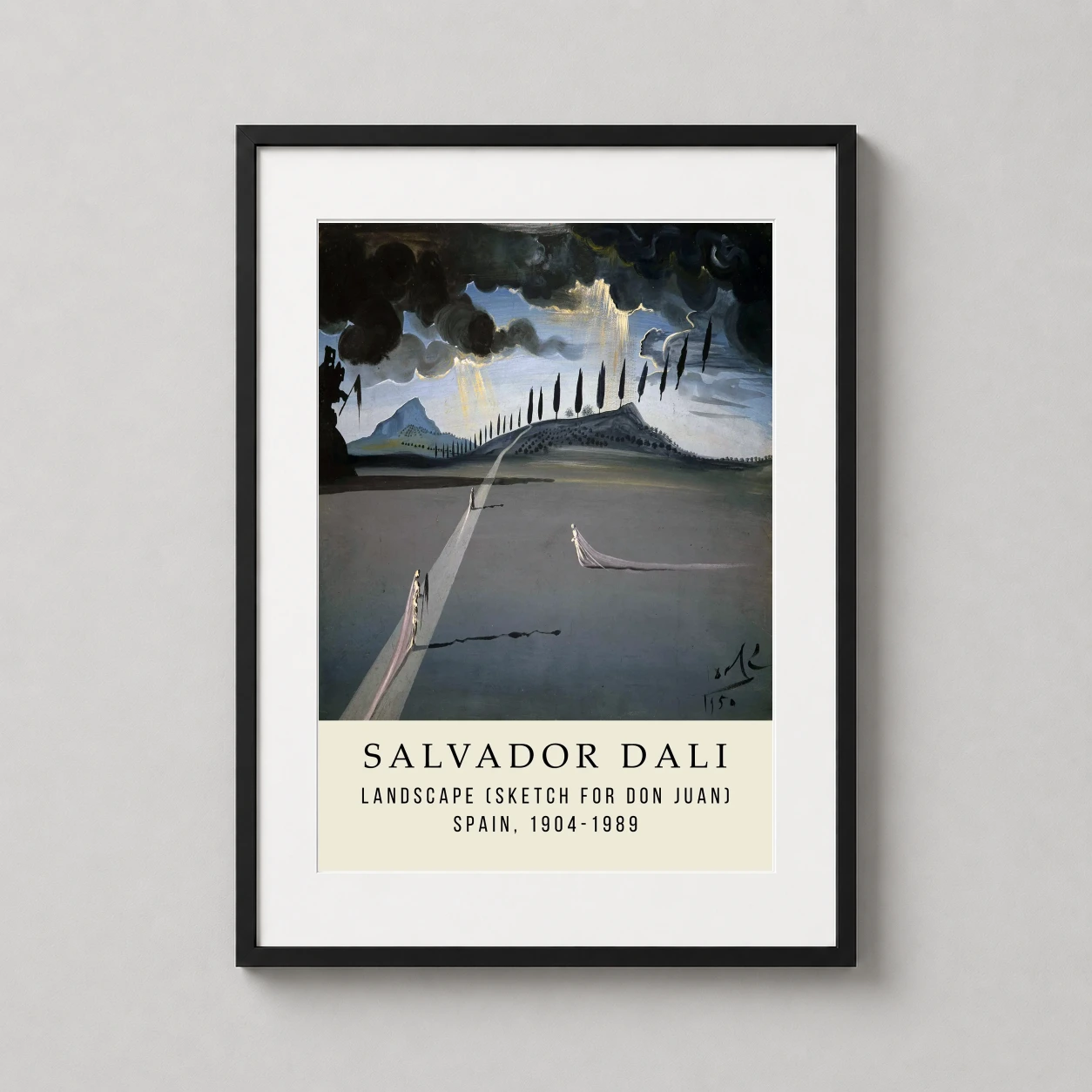 Room mockup of Salvador Dali Landscape Sketch for Don Juan Surrealist Art Print, displayed as framed wall art in a living room setting as a portrait print with blue and gold tones.