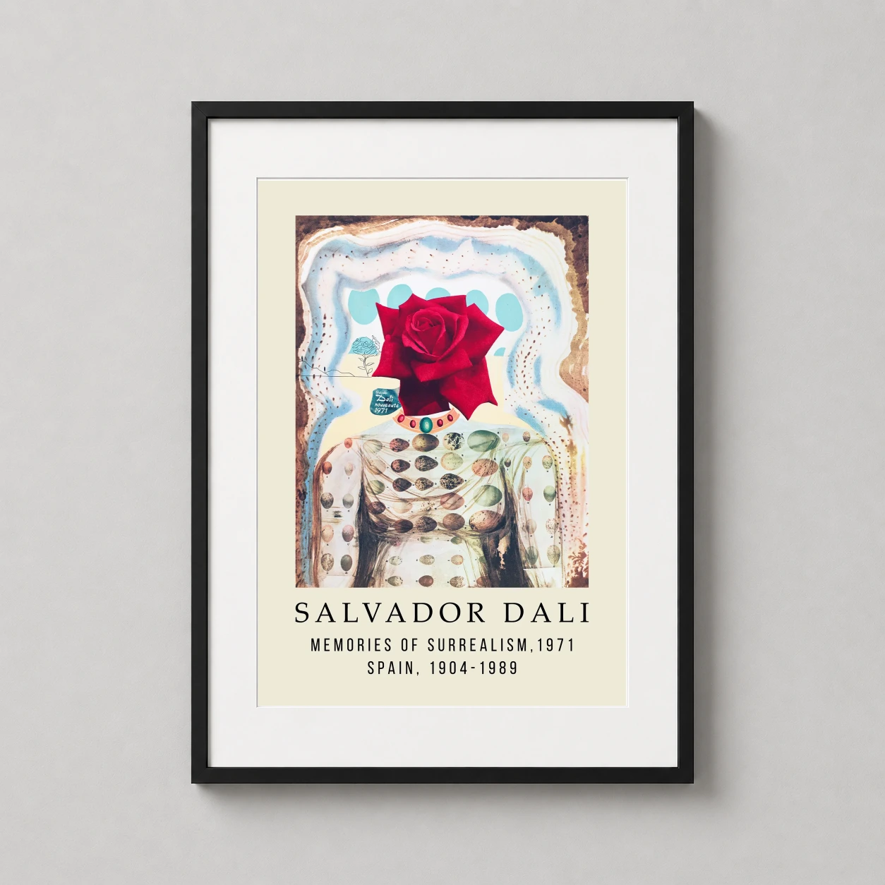 Salvador Dali Memories Surrealism — surrealist exhibition print featuring a vibrant red rose head atop a