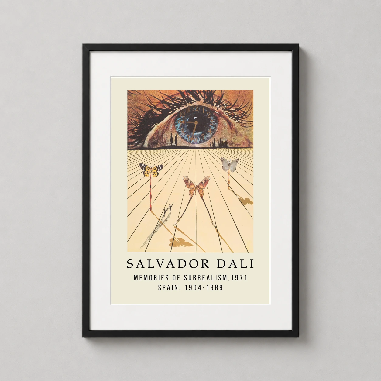 Room mockup of Salvador Dali Memories of Surrealism 1971 Exhibition Art Print, displayed as framed wall art in a living room setting as a portrait print with orange tones.