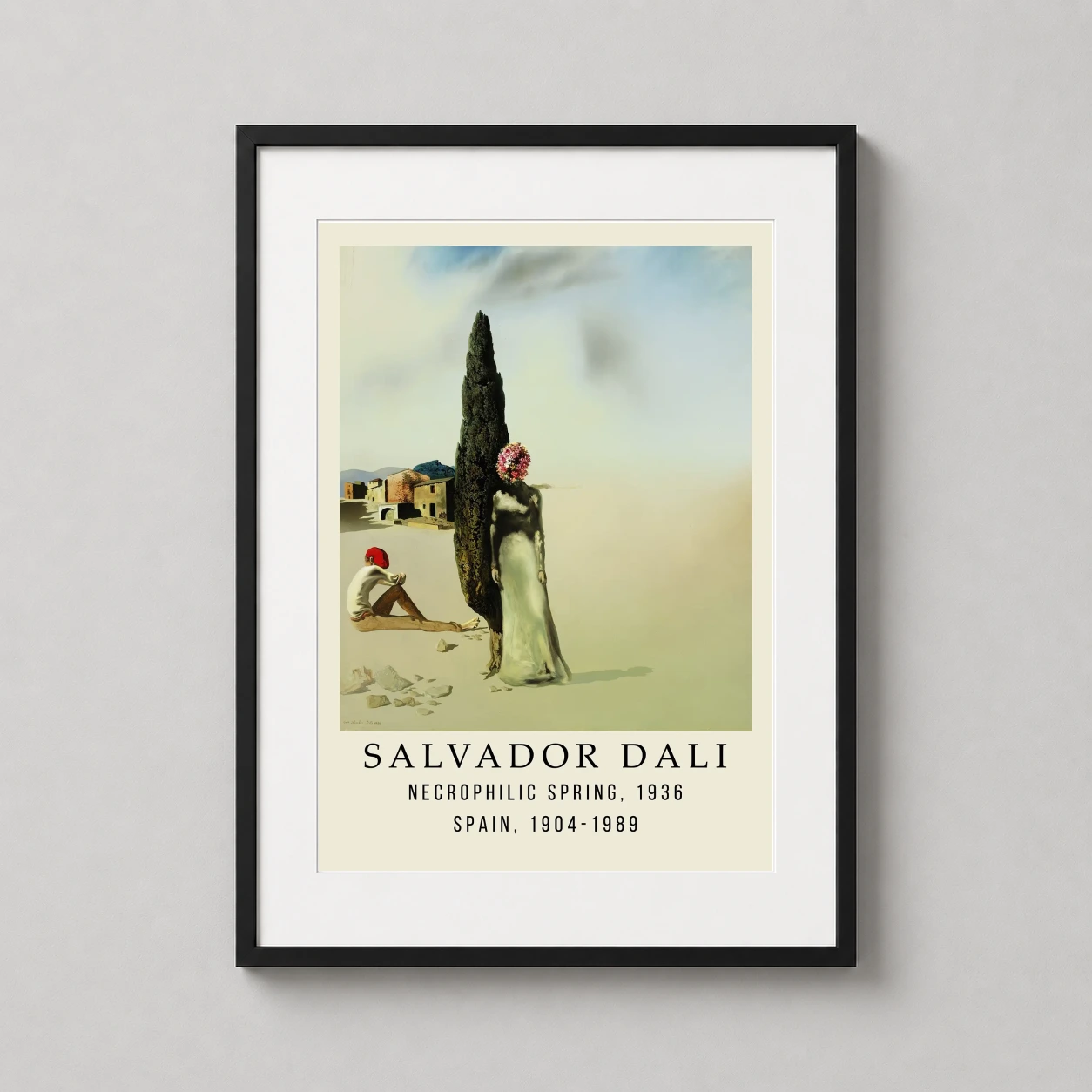 Room mockup of Salvador Dali Necrophilic Spring 1936 Surrealist Art Print, displayed as framed wall art in a living room setting as a portrait print with yellow and red tones.