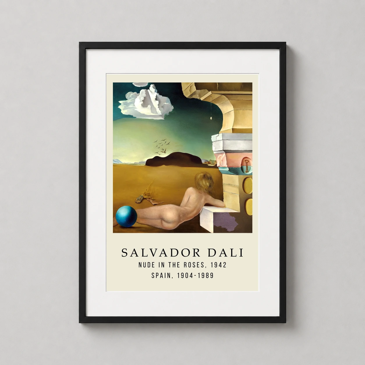 Room mockup of Salvador Dali Nude in the Roses 1942 Surrealist Art Print, displayed as framed wall art in a bedroom setting as a portrait print with blue and teal tones.