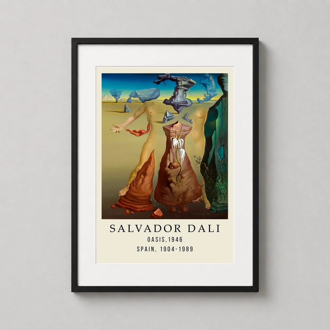 Room mockup of Salvador Dali Oasis 1946 Spanish Surrealist Exhibition Art Print, displayed as framed wall art in a living room setting as a portrait print with blue and yellow tones.