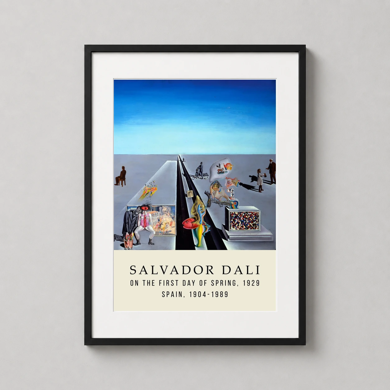 Room mockup of Salvador Dali On the First Day of Spring 1929 Surrealist Art Print, displayed as framed wall art in a living room setting as a portrait print with blue tones.