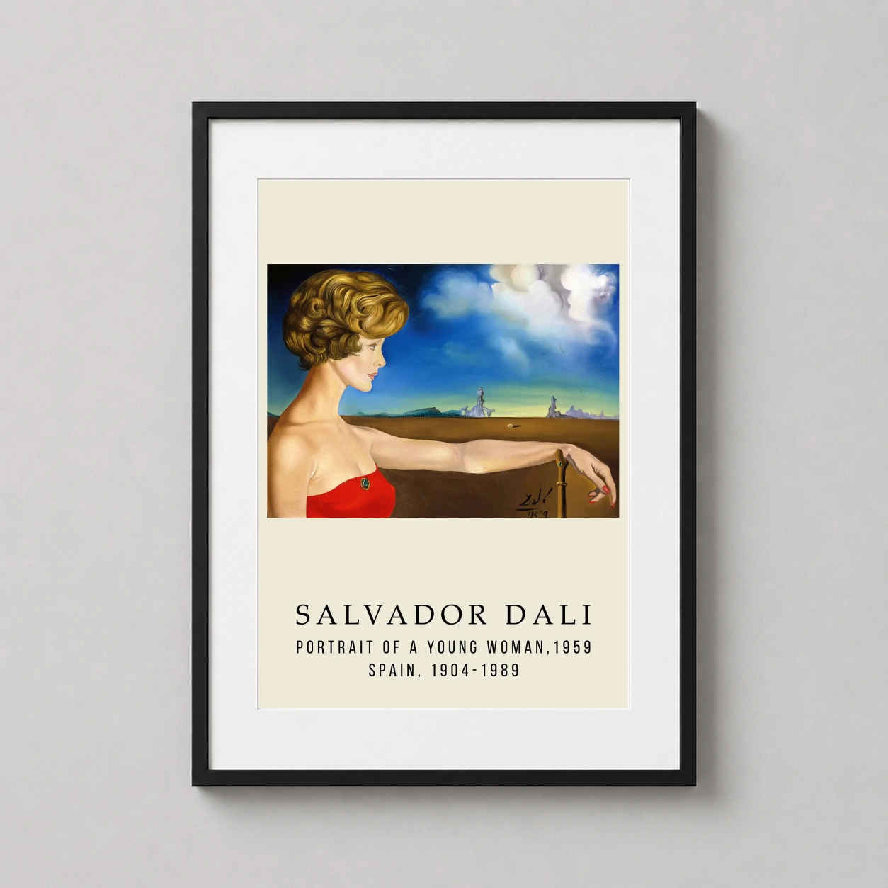 Room mockup of Salvador Dali Portrait of a Young Woman 1959 Surrealist Art Print, displayed as framed wall art in a living room setting as a portrait print with blue and red tones.