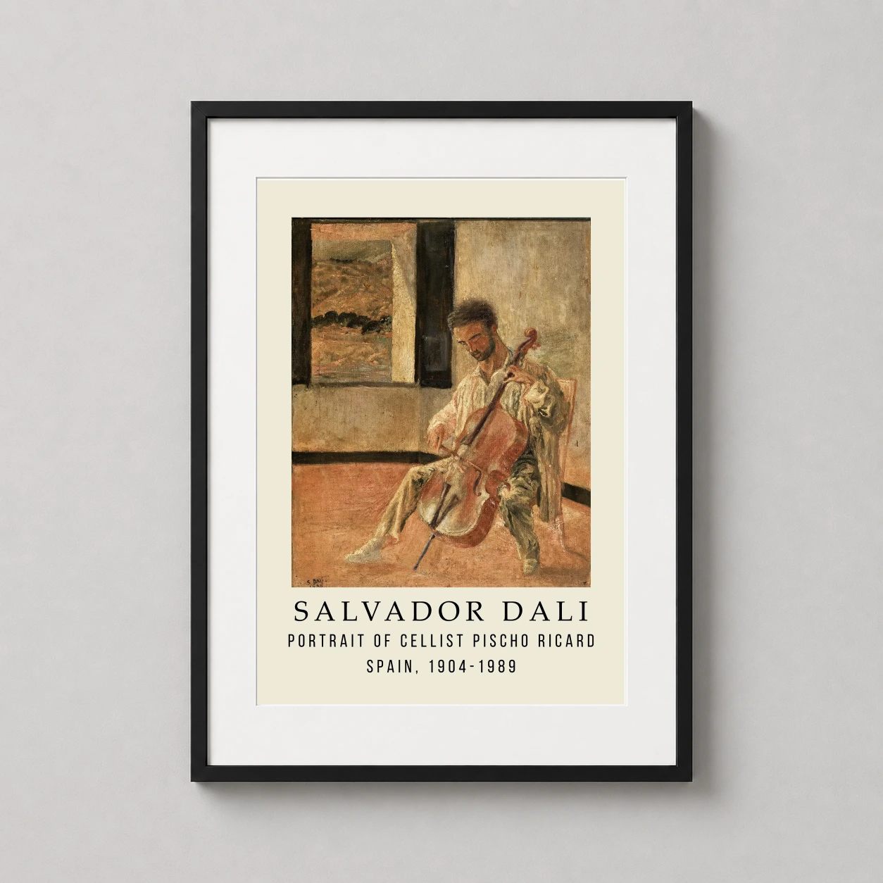 Room mockup of Salvador Dali Portrait of Cellist Pischo Ricard Fine Art Print, displayed as framed wall art in a living room setting as a portrait print with yellow tones.