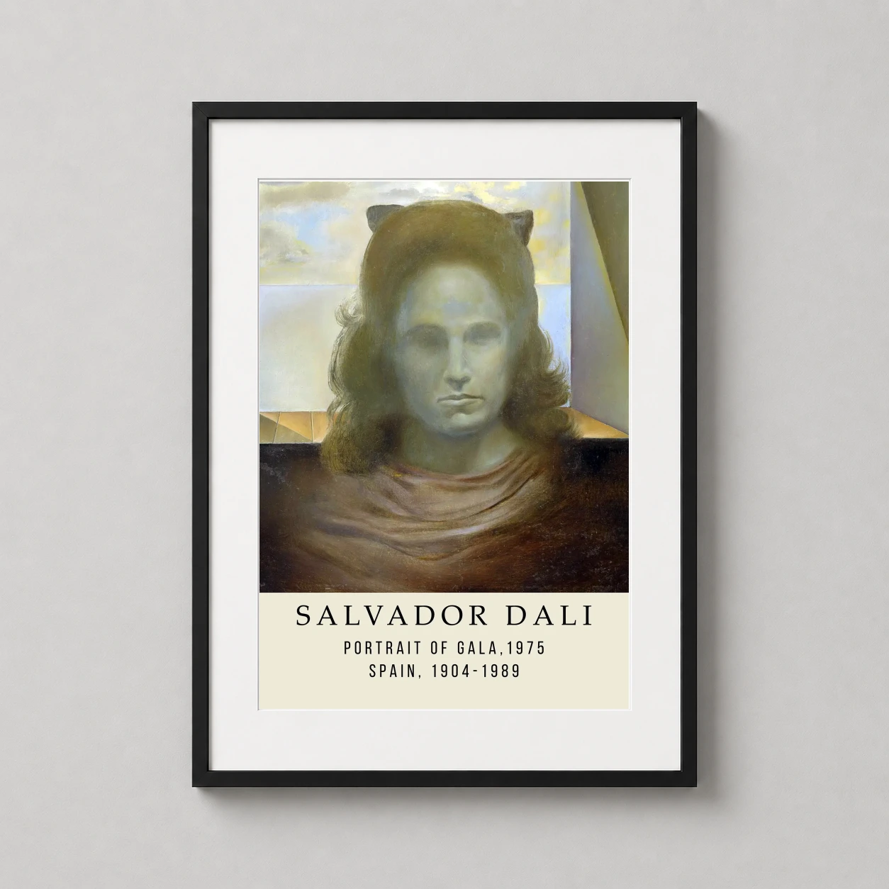 Room mockup of Portrait of Gala, Salvador Dali Surrealist Exhibition Art Print, displayed as framed wall art in a living room setting as a portrait print.