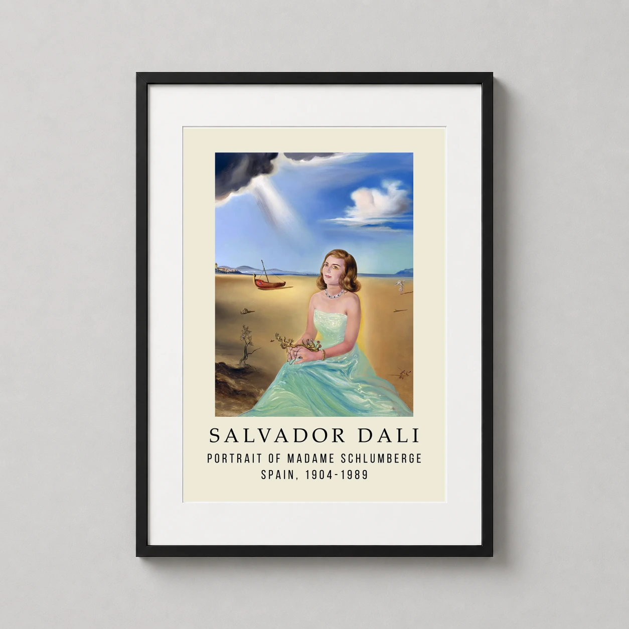 Room mockup of Portrait of Madame Schlumberge by Salvador Dali Art Print, displayed as framed wall art in a living room setting as a portrait print with blue, teal, and green tones.