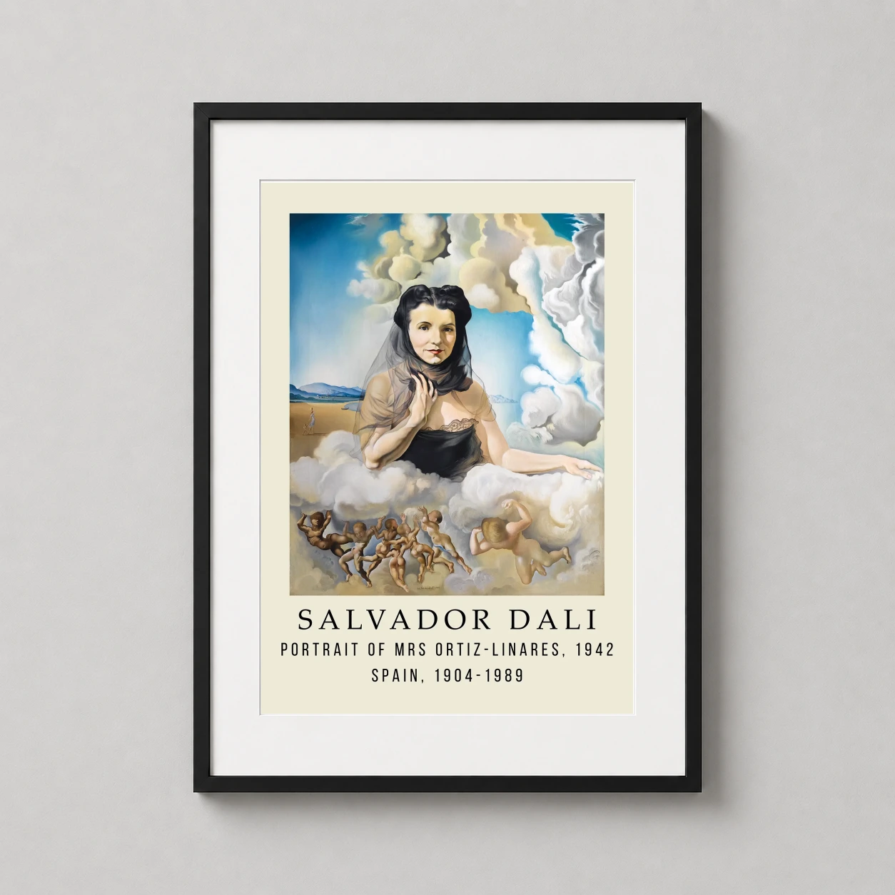 Room mockup of Salvador Dalí Portrait of Mrs. Ortiz-Linares, 1942 Art Print, displayed as framed wall art in a living room setting as a portrait print with blue and black tones.